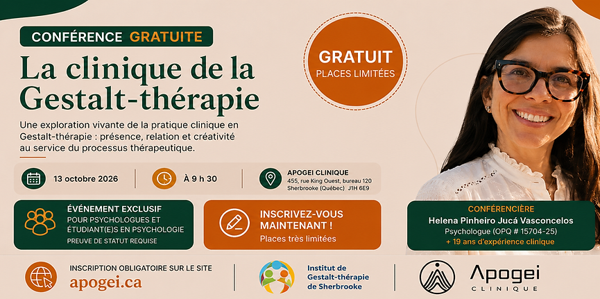 Affiche de la conférence gratuite La clinique de la Gestalt-thérapie, présentée par Helena Pinheiro Jucá Vasconcelos le 13 octobre 2026